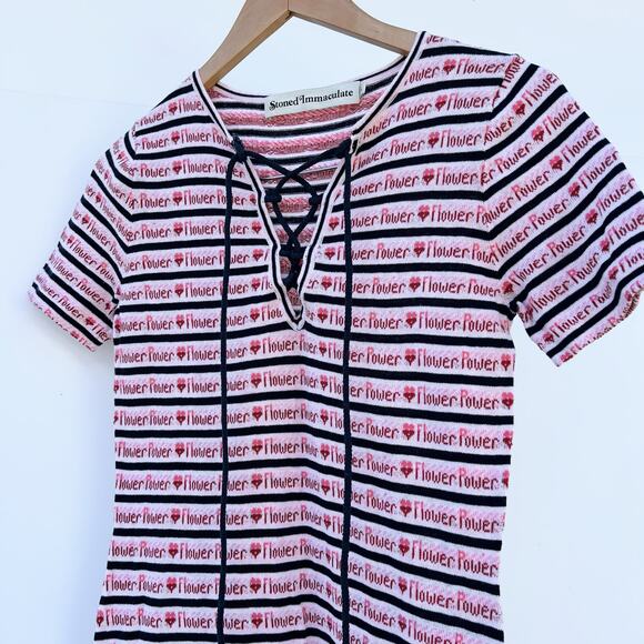 Stoned Immaculate Flower Power Knit Cotton Mini Dress Y2K Small Lace Up Pink - Picture 5 of 9